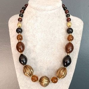 Brown and black glass necklace w/metal accents